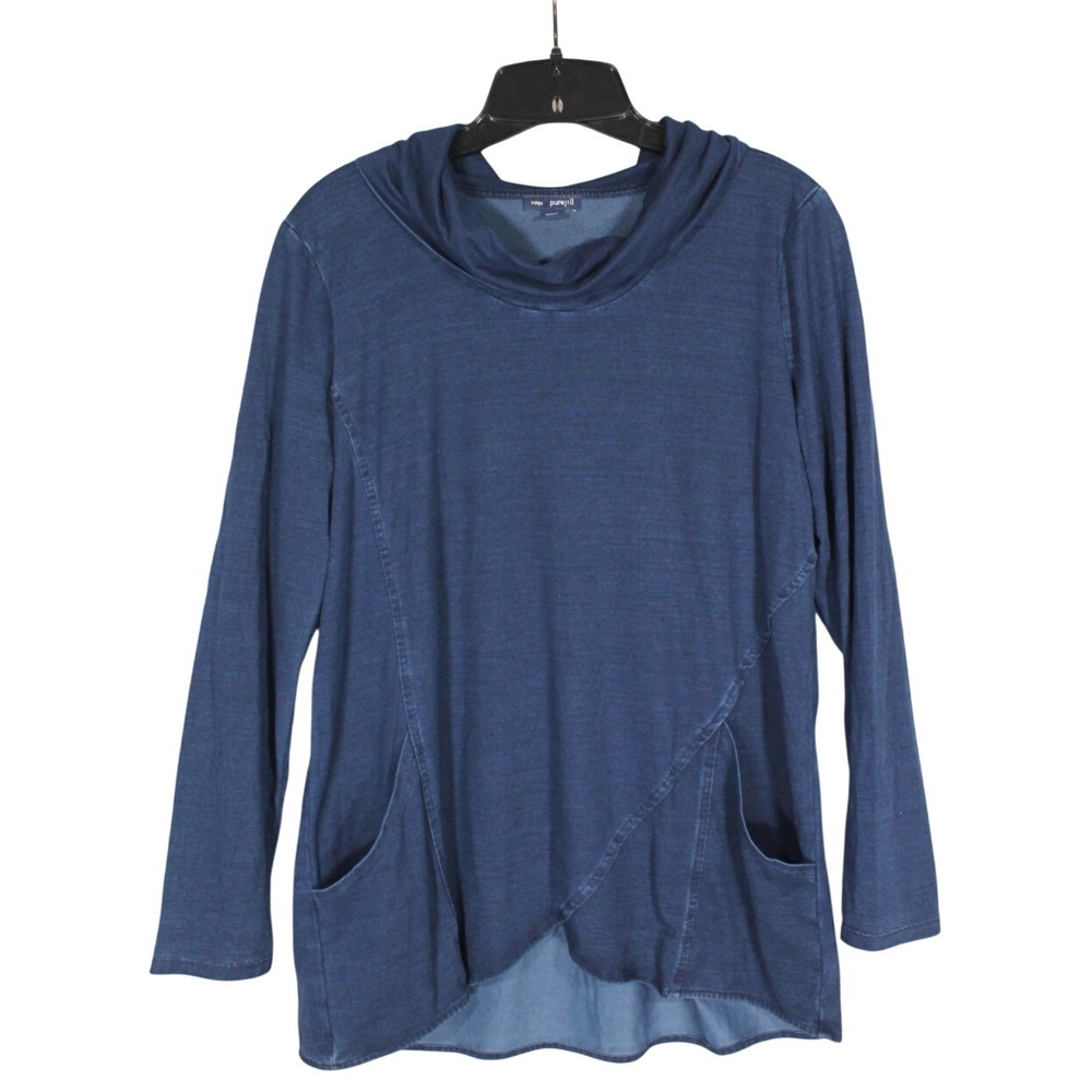 PURE JILL INDIGO Blue COWL NECK Pockets TULIP HEM Tencel BLOUSE/TUNIC TOP Sz S